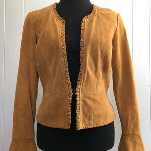 INC International Concepts Suede Leather ruffle trim Canel Tan Jacket Size XS